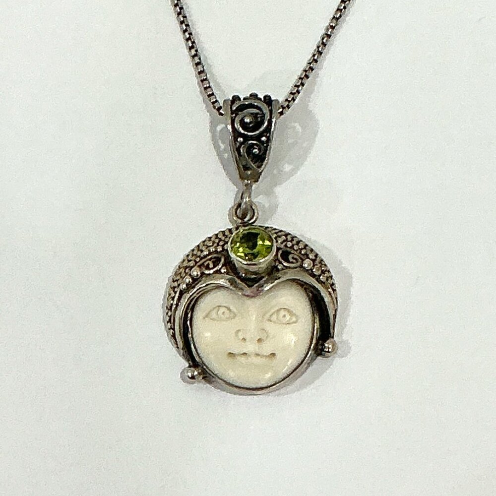 Sterling Silver Peridot Gemstone Goddess Moon Face Pendant Necklace